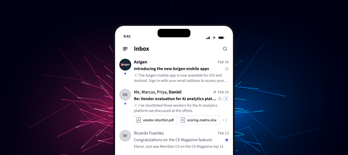 The Axigen mobile app inbox on a smartphone