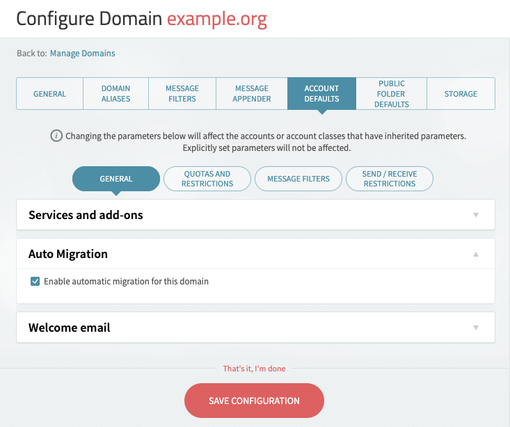 Enabling automatic migration for a domain